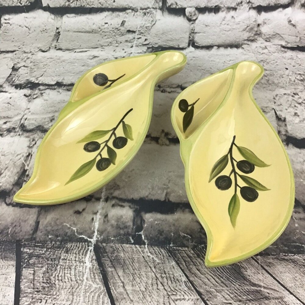 Vintage Olive Farm Painted Relish Tray Divided Dip Serving Dishes Set Of 2